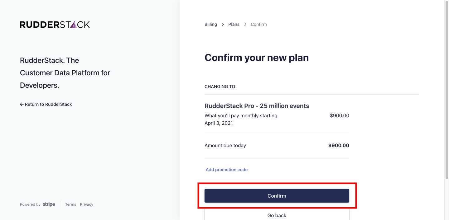 Finalize your new RudderStack Pro plan