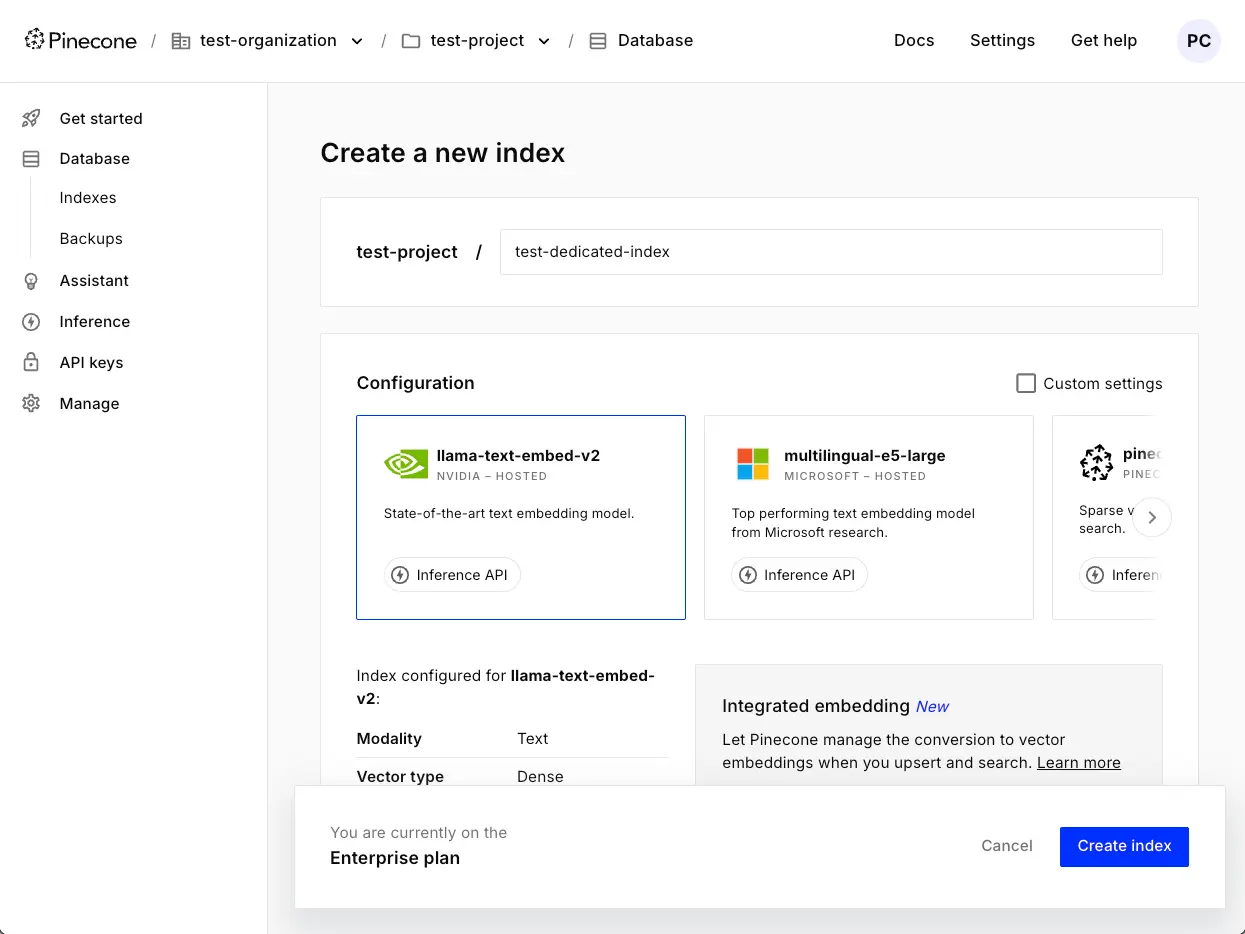 The Create a new index screen in the Pinecone console