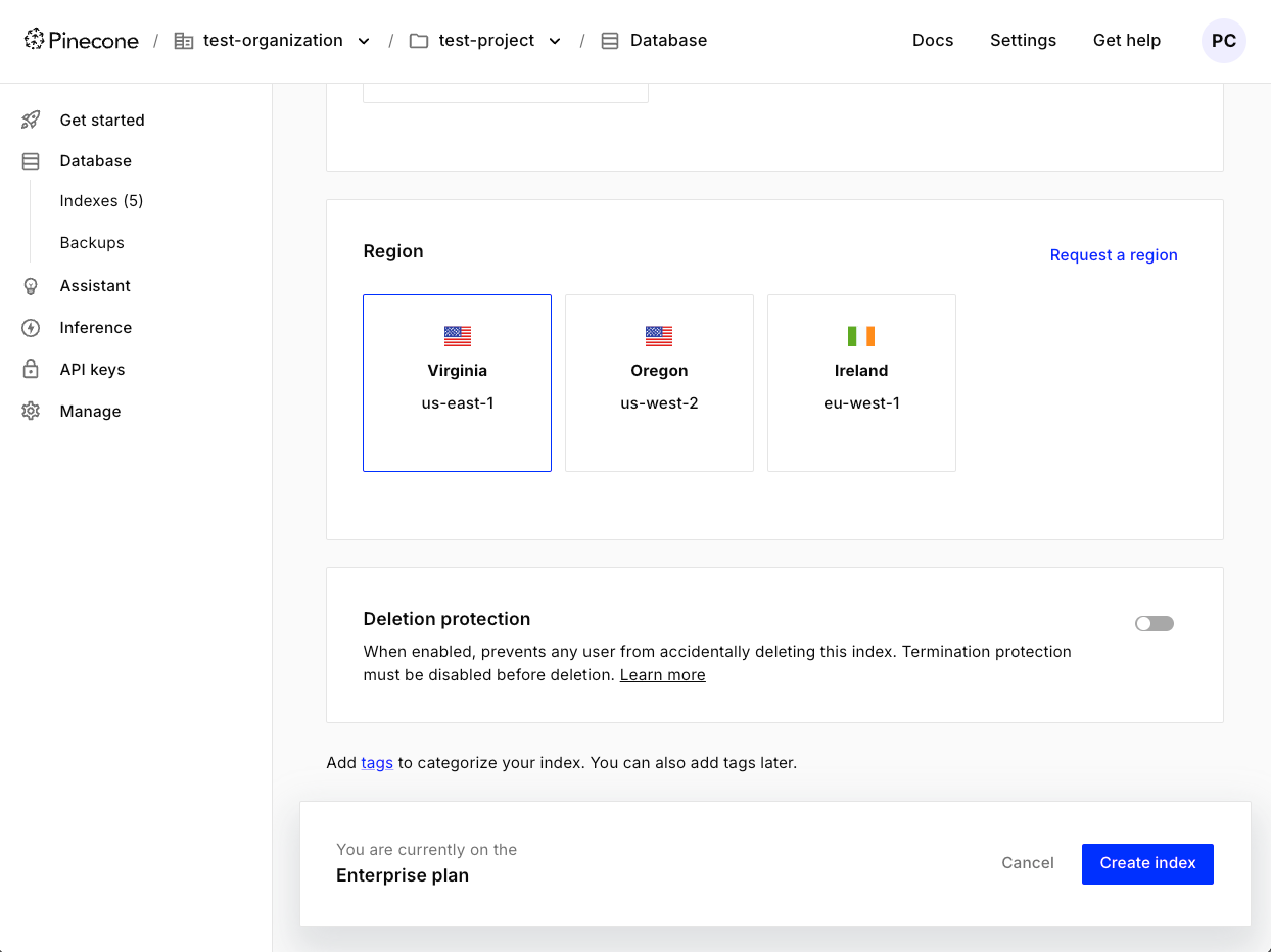 The Region selection section of the Create a new index screen in the Pinecone console